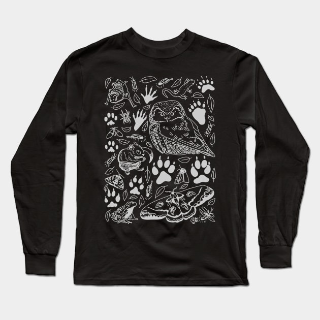 "Nocturnal Familiars" Night Animals and Paw Prints Long Sleeve T-Shirt by Boreal-Witch